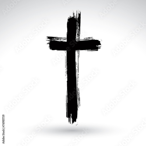 Fotografie, Obraz Hand drawn black grunge cross icon, simple Christian cross sign,