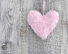 Fur Pink Heart On Wooden Background