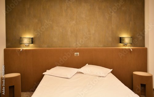 Luxury Hotel Room With Comfortable Bed And Romantic Lights