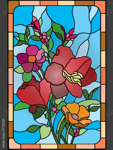 Obraz w ramie Beautiful flowers on stained glass window