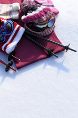 Wall Mural - Ski and snow background with equipment clothes hats and gloves winter sport photo