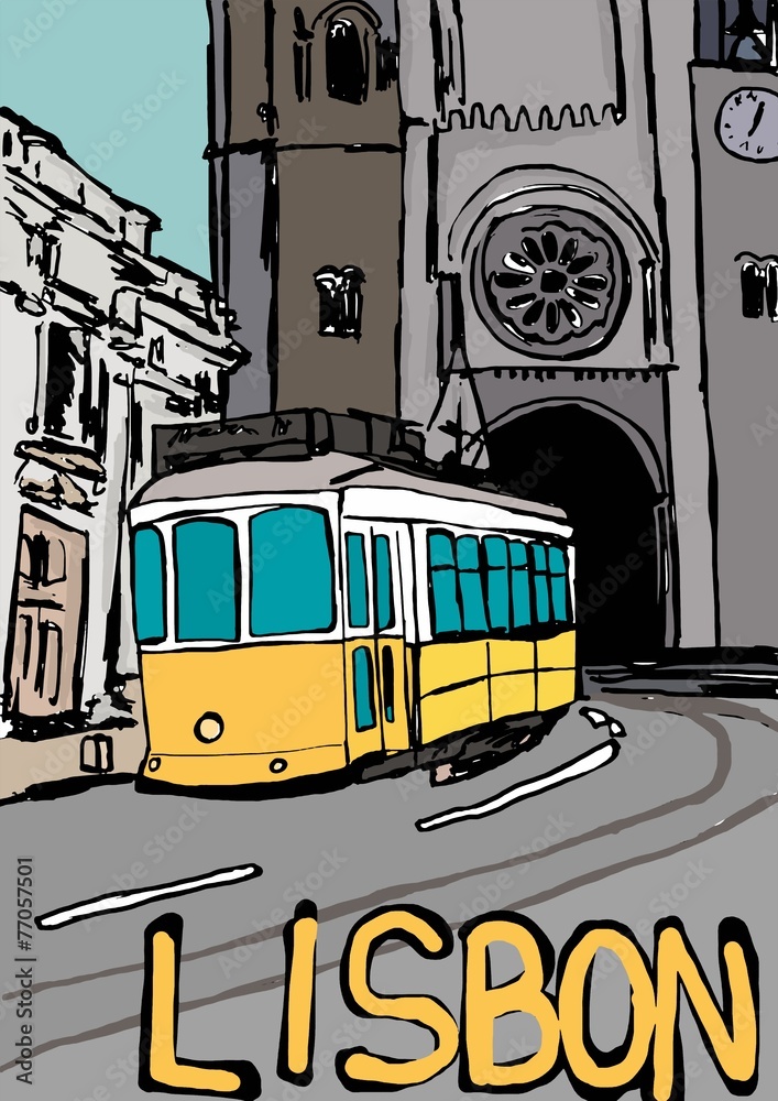 lizbona-akwarela-rysunek-kolorowy-szkic-zolty-tamwaj-komiks