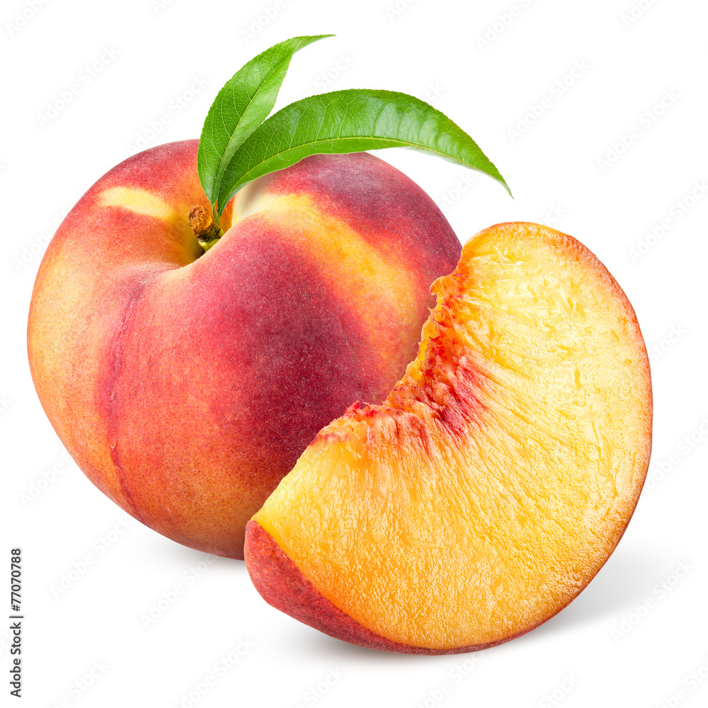 Peach with slice and leaves isolated on white - obrazy, fototapety, plakaty 