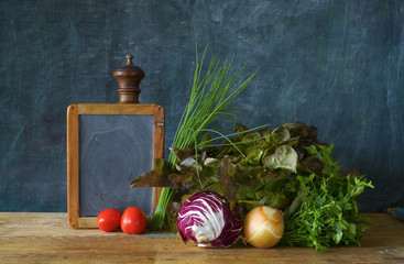 Wall Mural - salads,herbs, vegetables, black board, healthy food concept, fre