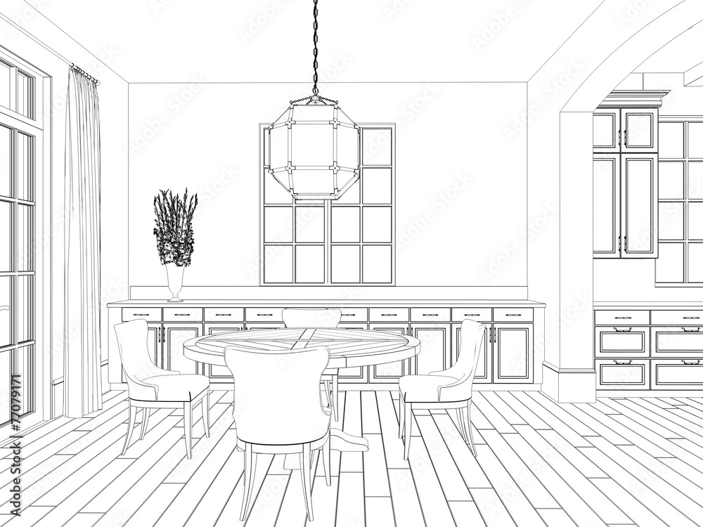 Sketch Of Living Room With Dining Area Classic Chairs And