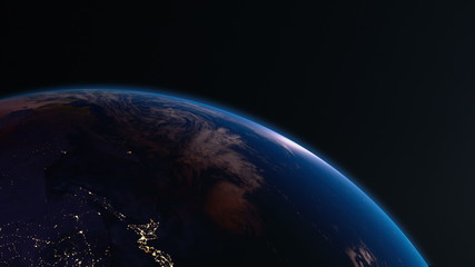 earth view from space with night city lights. asia. 4k.