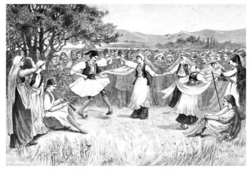 Fototapete - Victorian engraving of traditional Greek dancers