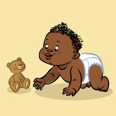 Funny vector cartoon colorfull crawling black baby. Vector illus