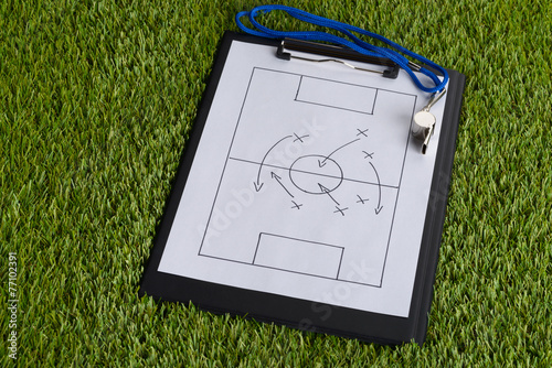 Fotografía Whistle And Soccer Tactic Diagram On Paper