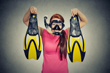 Excited Woman With Snorkel Equipment Isolated Grey Background