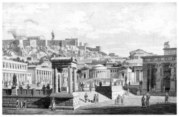 Fototapete - Victorian engraving of an ancient view of the Agora at Athens