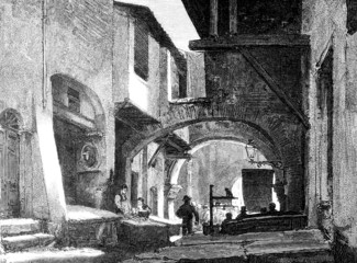 Fototapete - Victorian engraving of a Roman back street, Italy