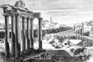 Fototapete - Victorian engraving of a view of the Roman Forum, Rome