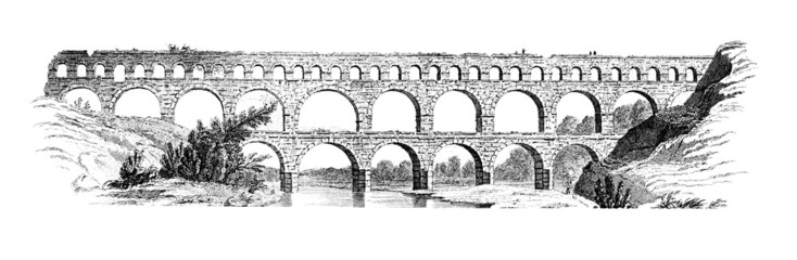 Fototapete - 19th century engraving of the Pont du Gard, France