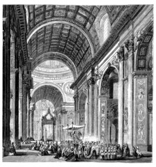 Wall Mural - 19th century engraving of a procession at St. Peter's Basilica