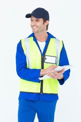 Poster - Happy supervisor writing notes on clipboard