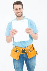Poster - Construction worker showing blank paper on clipboard