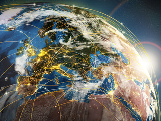 Poster - Globalization or communication concept. Earth and luminous rays