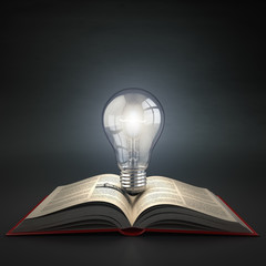 Poster - Luminous light bulb on open book. Idea or creativity concept. Ed