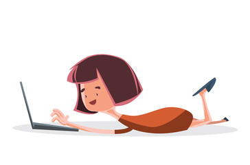 Girl on lap top computer vector illustration cartoon character