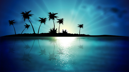 island with palm trees at sunset