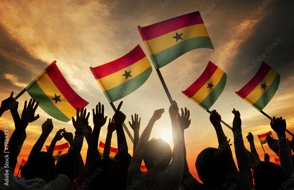 Silhouettes People Holding Flag Ghana Concept - obrazy, fototapety, plakaty 