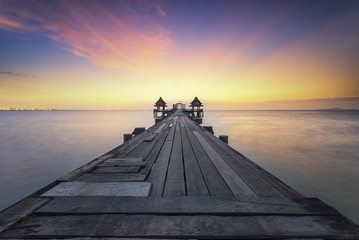 Wall Mural - Landscape of Wooded bridge in the port between sunrise.