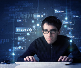 Fototapete - Hacker programing in technology enviroment with cyber icons