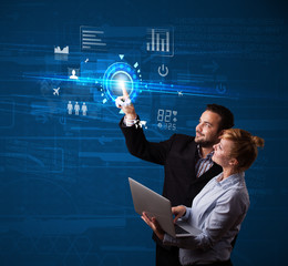 Poster - Young business couple touching future web technology buttons and