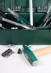 Box with construction tools isolated