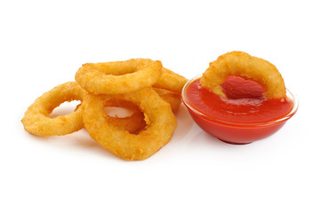 Wall Mural - Onion rings, ketchup isolated on white background