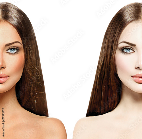 Fotografie, Obraz Beautiful young woman with tanned skin before and after tan