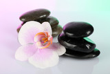 Fototapeta Storczyk - Spa stones with orchid on light background
