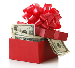 Bundle of dollars in present box with bow isolated on white