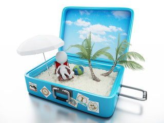 3d white people in a travel suitcase. beach vacation