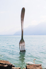 Gigantic fork in lake Geneva, Vevey,  Switzerland