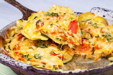 Wall Mural - Baked Tomatoes, Zucchini and Poatoes with Thyme and Parmesan