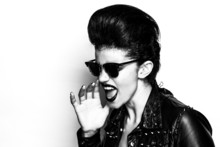 Rocker Girl Wearing Sunglasses Half Profile Black And White