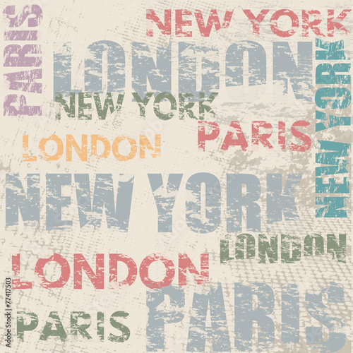 Obraz w ramie Typographic poster with city names London, Paris and New York