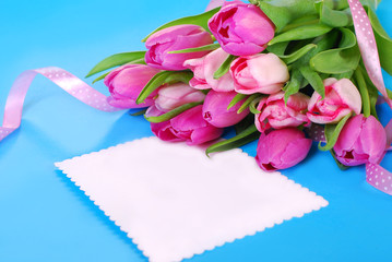 Wall Mural - bunch of pink tulips and blank card