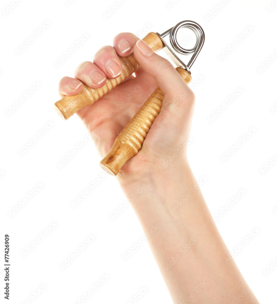 Hand trainer with steel spring in male hand, isolated on white