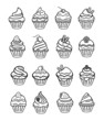 Vector cupcake black doodle icon set