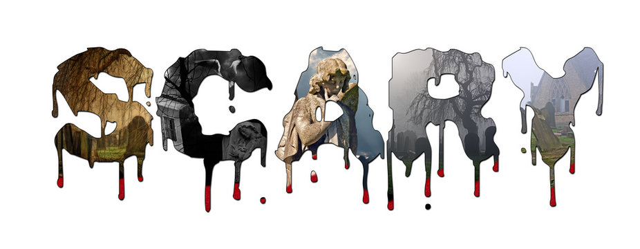 Graveyard images inside scary blood dripping text