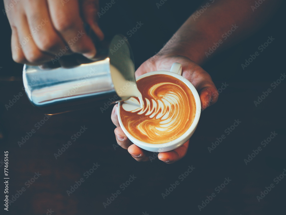 cup of coffee latte art in coffee shop - obrazy, fototapety, plakaty 