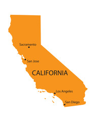 orange map of california with indication of the biggest cities