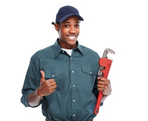 Sticker - Plumber with wrench isolated white background.