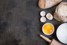 Baking Background With Eggshell, Bread, Flour, Rolling Pin