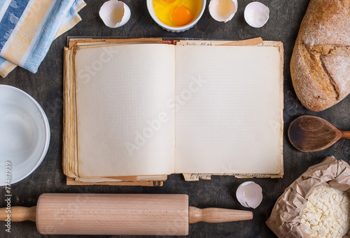 Fotografie, Obraz Baking background with blank cook book, flour, rolling pin