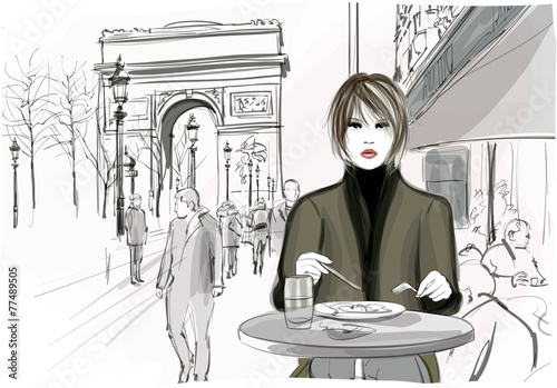 Naklejka - mata magnetyczna na lodówkę Pretty woman having a lunch at the Champs-Elysees in Paris
