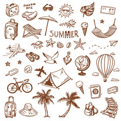 Wall Mural - hand drawn summer travel doodles set.